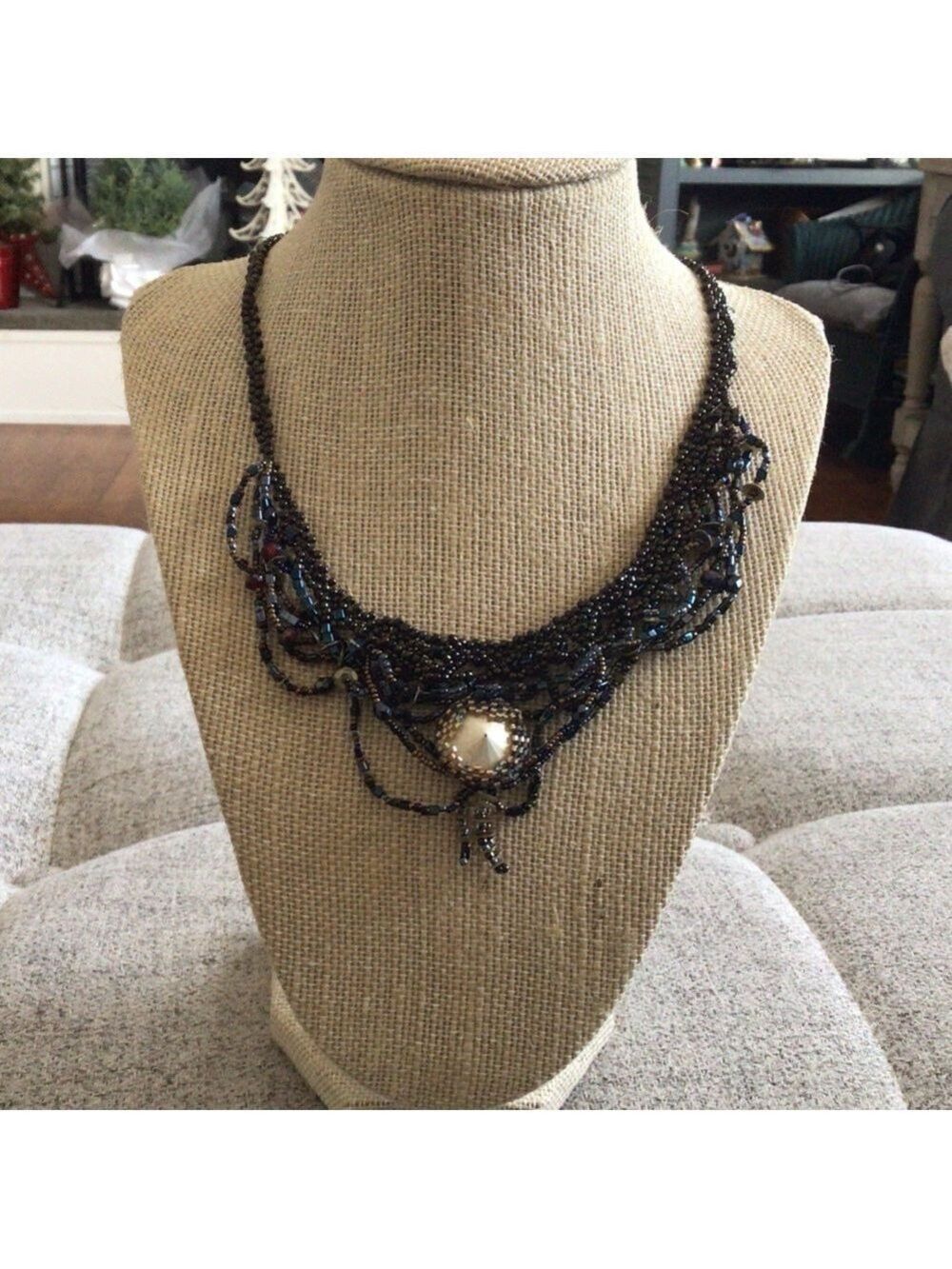 Handmade Brown Beaded Necklace | Freeform Embroidered Mixed Stones